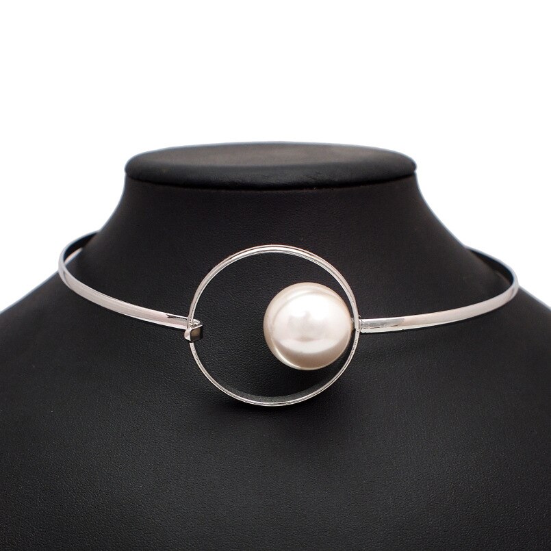 MANILAI Big Imitation Pearl Metal Torques Chokers Necklaces For Women Statement Bib Collar Necklace Minimalism Jewelry: Silver Necklaces