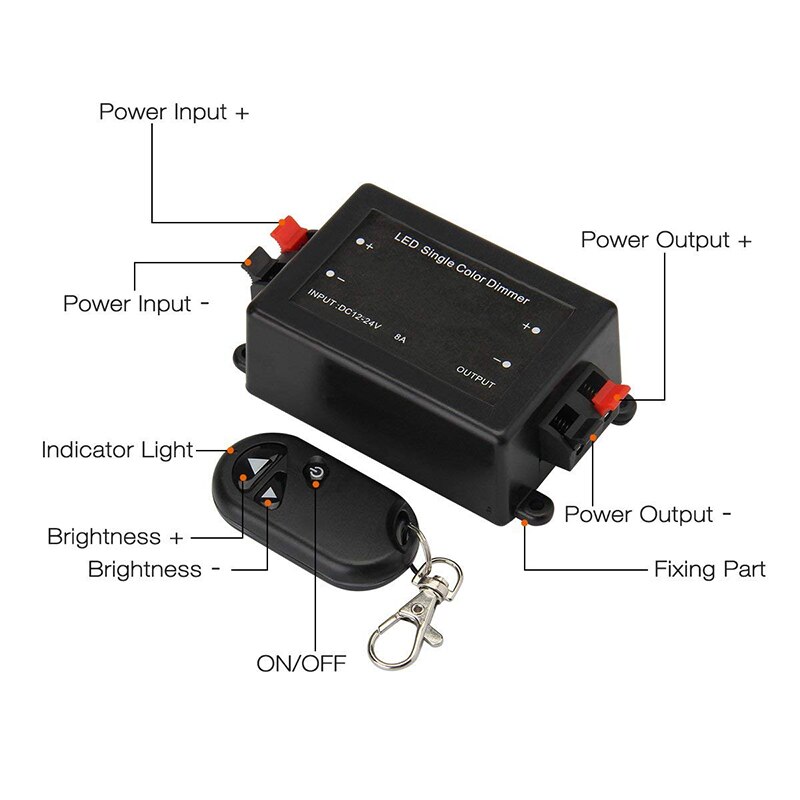 Leddimmer  dc12v 24v 8a ledet ensfarget dimmerkontroller med rf trådløs fjernkontroll til enfarget ledet stripe