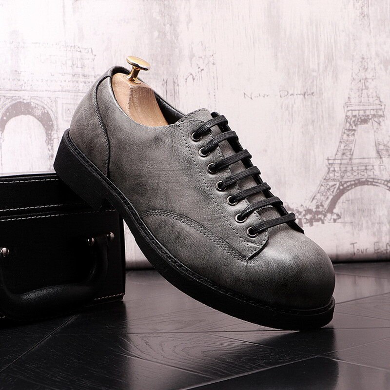 Mens Grey Oxford Shoes Leisure Round Toe Leather Lace Up Office Career Platform Dress Zapatos Size 38-43 ERRFC