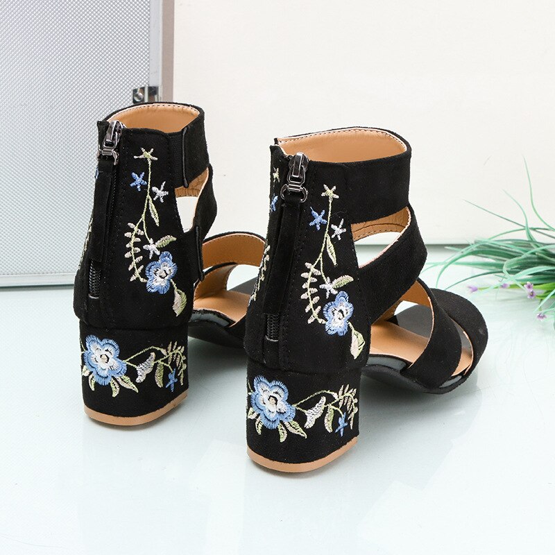 Zapatos mujer Sandalias bordado Floral alto tacón Sandalias de mujeres de etnia Floral Sandalias Zapatos de verano