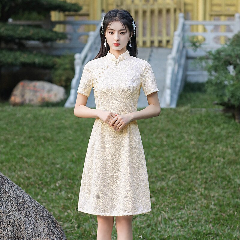 FZSLCYIYI-Qipao largo hasta la rodilla para mujer, Cheongsam de boda, cuello mandarín tradicional, manga corta, hojas de encaje: 707 / S