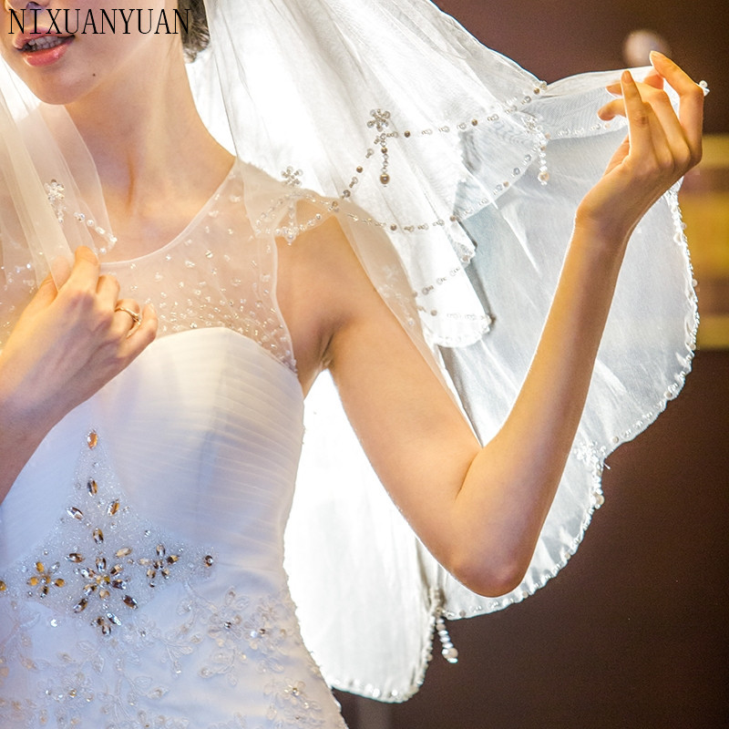 Voiles de mariée en Tulle avec perles deux couches, bord de mariée blanc ivoire, accessoires de mariage, fait à la main,