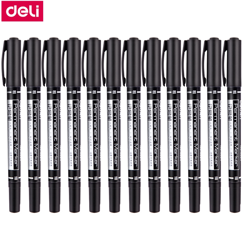 12PCS/BOX Deli 6824 Double Sided Permanent Markers Dual Tip Pen 0.5mm/1mm Black Blue Red Water Proof Fast Dry Permanent pen: WHITE