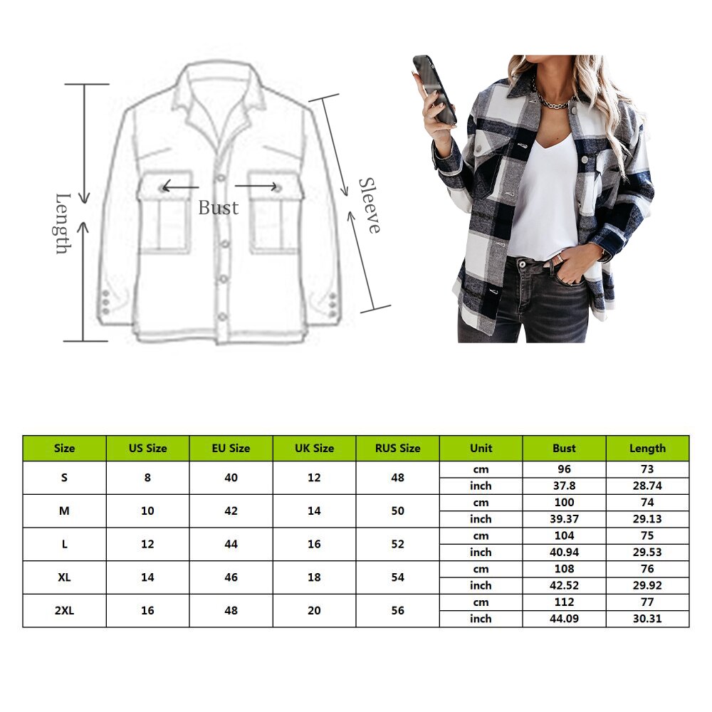 Winter Khaki Plaid Jacket Coat Women Streetwear Long Leeve Thick Wool Coat Pocket Oversized Lapel Autumn Shirts Coats