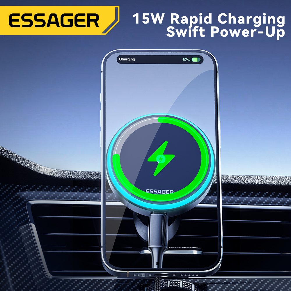 Magnetyczny uchwyt samochodowy Essager na telefon 15W Bezprzewodowa ładowarka do iPhone'a 15 14 13 Pro Max Ładowarka samochodowa do Magsafe LED Light