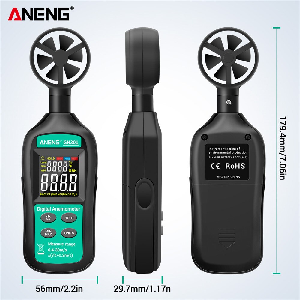 Aneng GN301 Digitale Anemometer 0-30 M/s Wind Meter -10 ~ 45C Temperatuur Tester Anemometro Met Lcd backlight Display