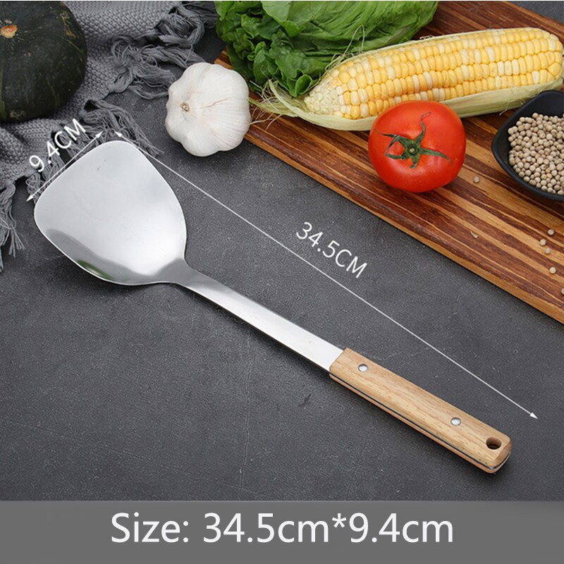 Stainless steel kitchenware set solid wood handle spatula frying shovel spoon kitchen tool cooking cookware sets: B