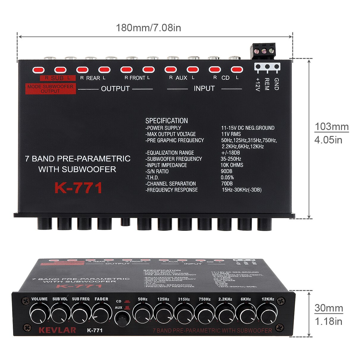 Égaliseur Audio de voiture à 7 bandes, fréquence d&#39;égaliseur réglable, entrée RCA pour appareils portables + sortie Subwoofer