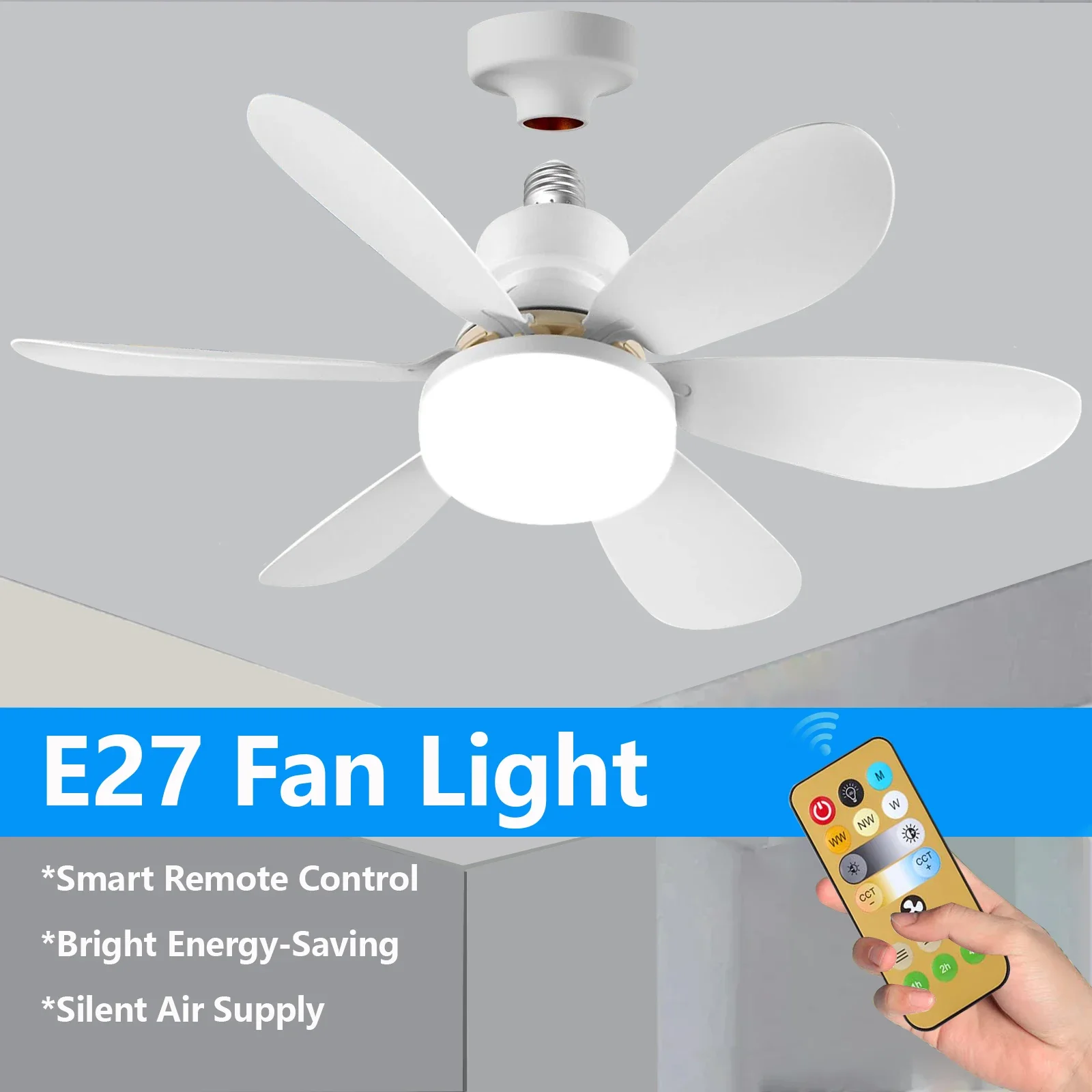 Luz de ventilador con enchufe LED de 40W, ventilador de techo con tornillo de 20,47" con luz y control remoto, ventilador con enchufe E27 con LED para baño, dormitorio, cocina