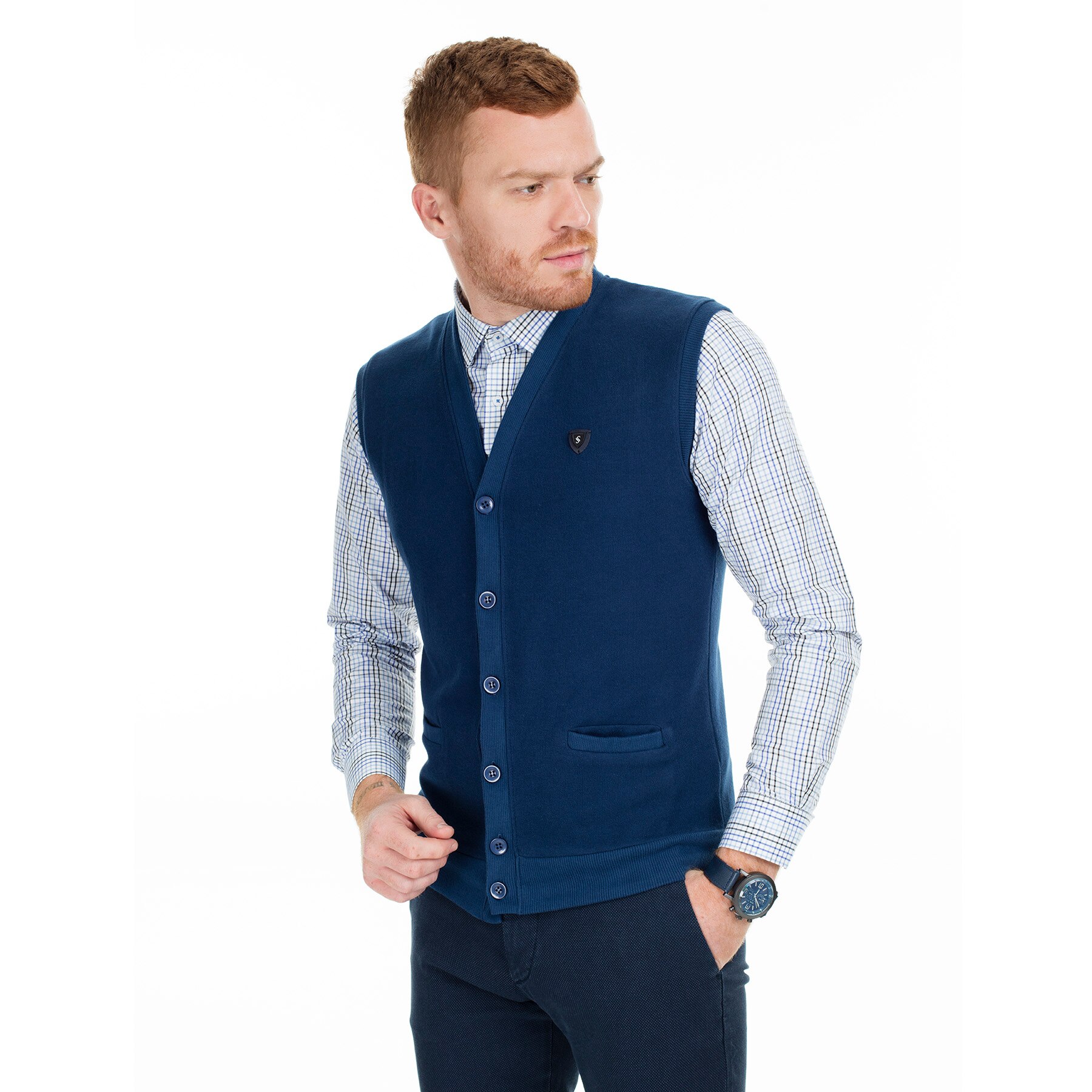 Sabri Özel botón Chaleco de hombre 4193106: Indigo / XL
