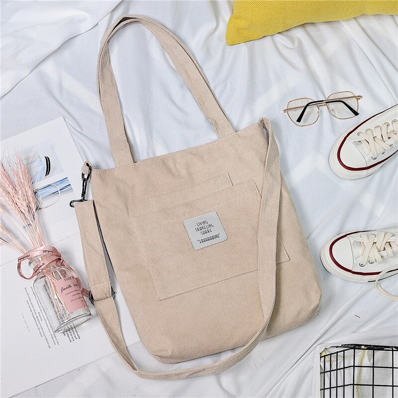 Women Warm Corduroy Tote Ladies Casual Canvas Shoulder Bag Soft Crossbody Bags Beach Bag Striped Cloth Female Handbag Books Bags: Khaki