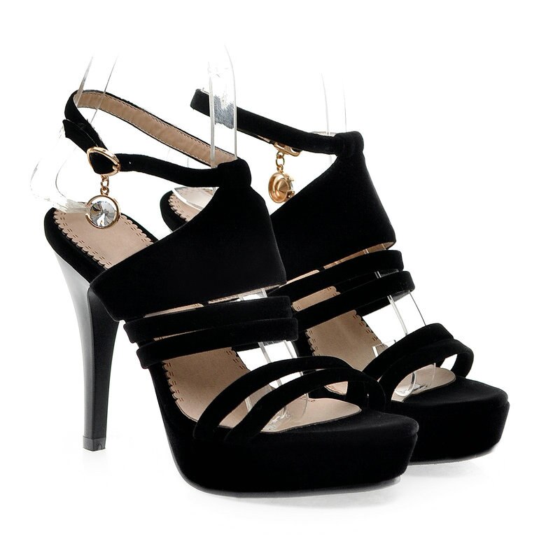Sandalias QUTAA para mujer, tacón fino superalto, con punta abierta y Cierre trasero de PU, hebilla de diamantes de imitación, zapatos de tacón tipo gladiador de , talla 34-39: 8