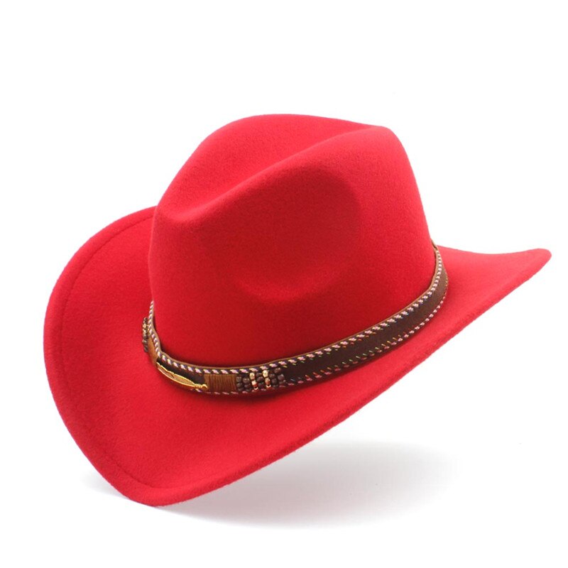 Menns ull vestlig cowboyhatt til herre dame vinter høst jazz cowgirl cloche sombrero caps med belte: Rød