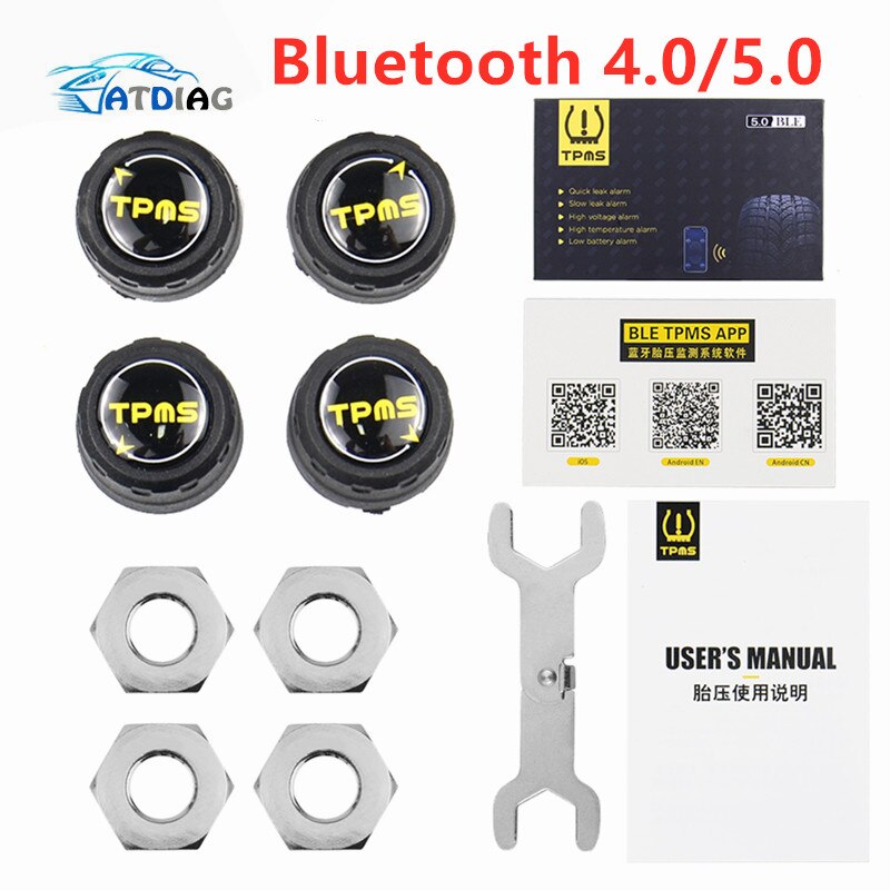 Bluetooth 5.0 Tpms Auto Bandenspanning Monitor System Met 4 Sensoren Voor Ios Android Mobiele Telefoon App Monitoring Alarm