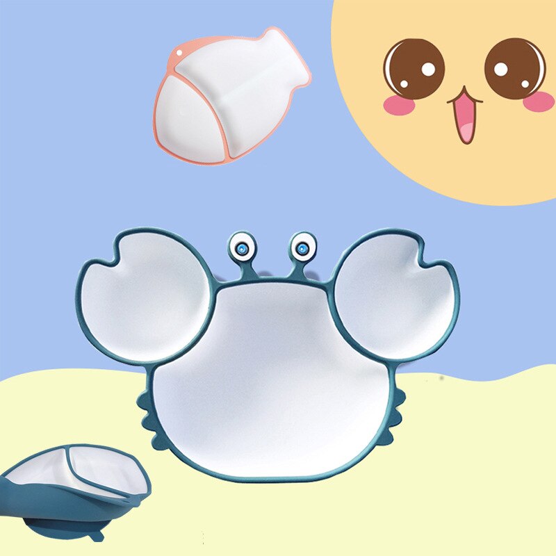 Vajilla de alimentación de bebé con dibujos animados, platos de cangrejo para niños, vajilla para comer, plato anticaliente, tazón de entrenamiento dividido para bebé