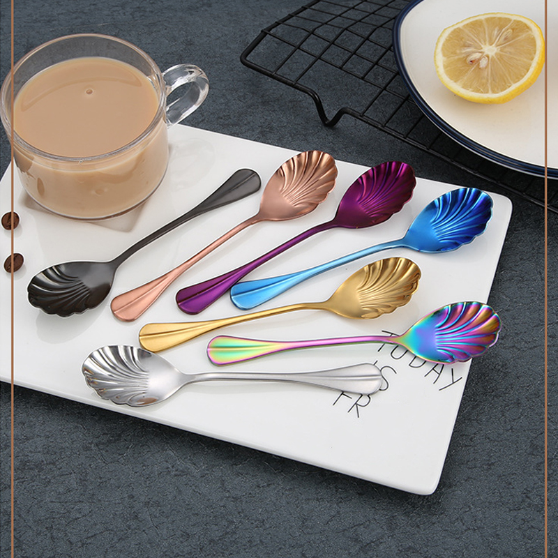 Shell Shape Stainless Steel Spoon With Long Handle Coffee Spoons Teaspoons Ice Cream Dessert Spoons Kitchen Bar Accessories