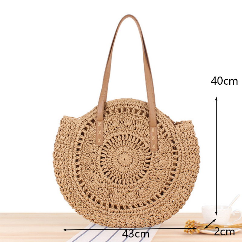 Ronde Stro Strandtas Vintage Handgemaakte Geweven Schoudertas Raffia Cirkel Rotan Zakken Bohemian Zomervakantie Casual Tassen: Hollow-brown