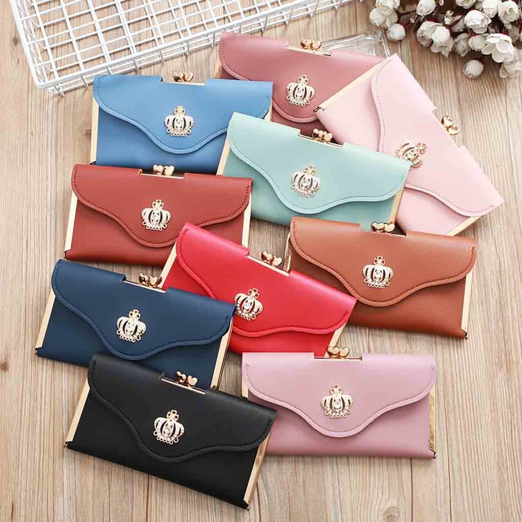 Clutch Bag Crown Diamond Mobile Phone Bag Ladies Long Evening Purse Vintage Women Leather Wallet Pocket Credit Card