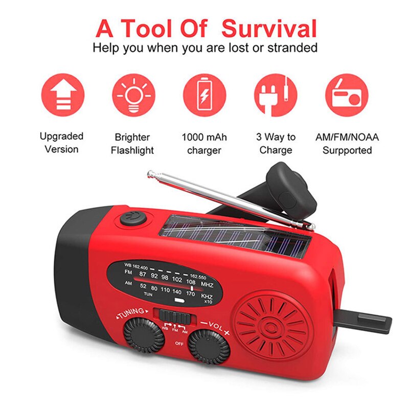 Solar Hand Crank Radio Ontvanger Mini Draagbare Am/Fm Weer Radio Met Multifunctionele Zaklamp Noodstroomvoorziening