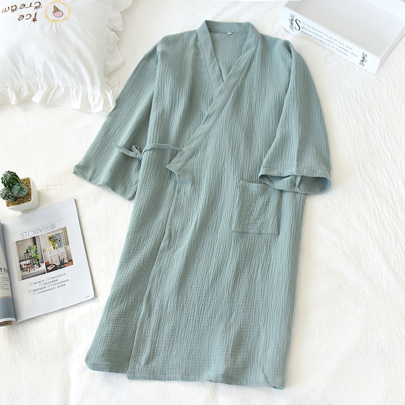 Couple Robes Cotton Men and Women's Home Wear Bath Robe Plus Size Sleepwear Bathrobe Thin Long Kimono Robe Sleep Wear: Women Green / M