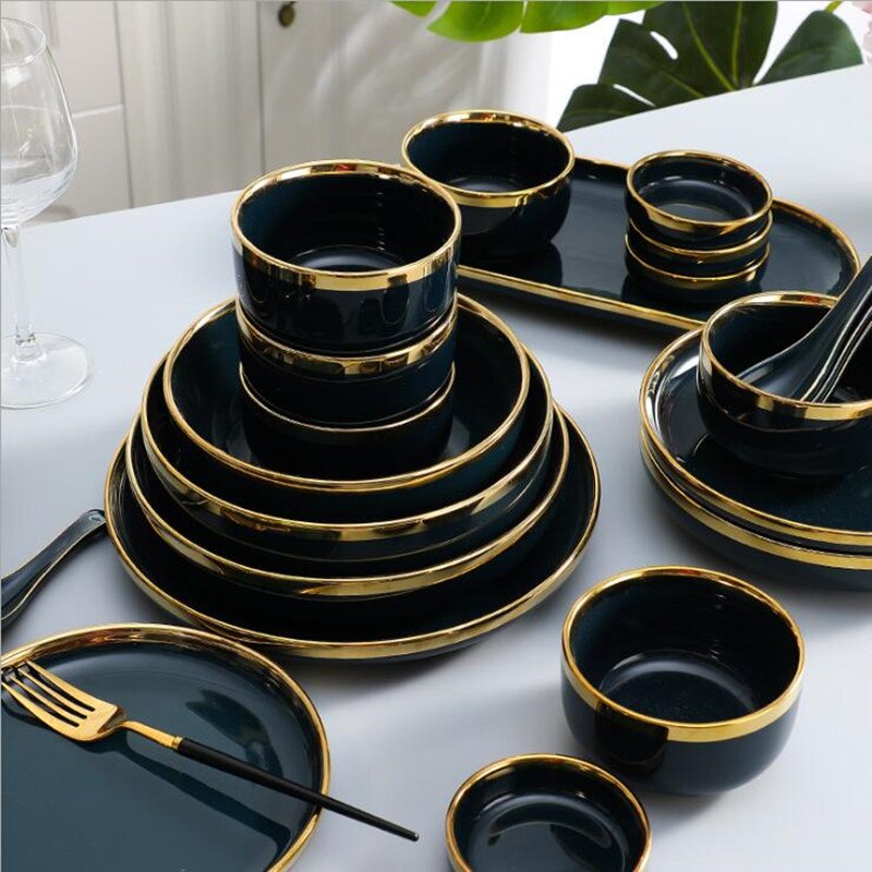 Gilt Rim Dark green Plate Steak Food Nordic Style Tableware Bowl Ins Dinner Dish High End Porcelain Dinnerware Set