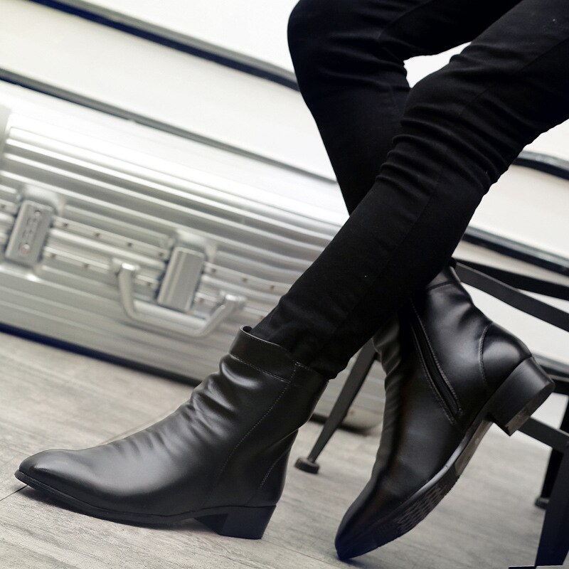 Menn vinterstøvler pu skinn chelsea støvler sko varme sko glidelås støvletter herre ankelstøvletter svarte støvletter  m4-33