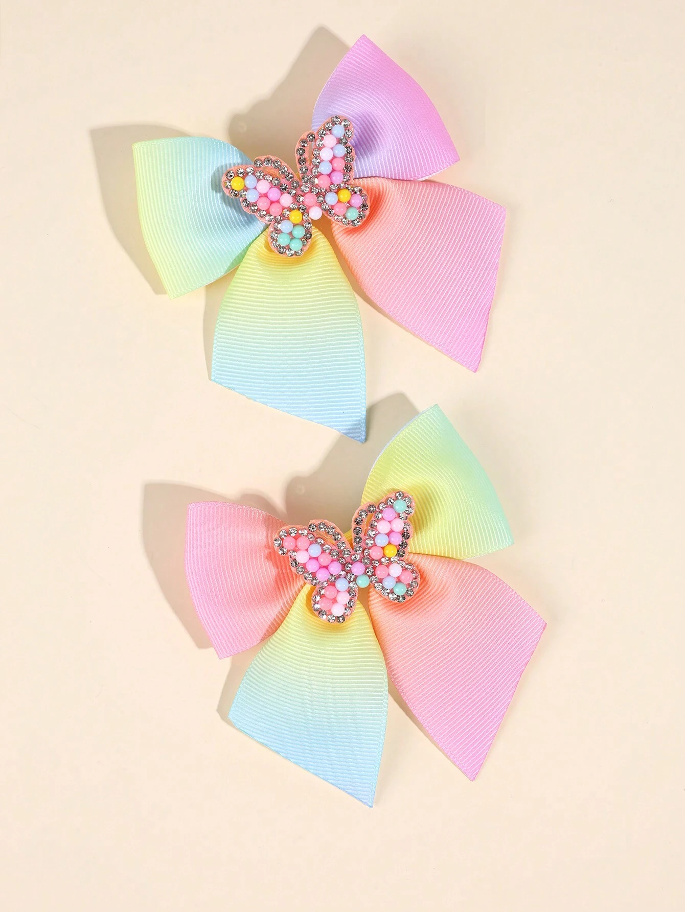 Lazo de pelo de arcoíris para niña, 2 piezas, cinta de grogrén degradado, pinzas para el pelo con cuentas de diamantes de imitación, mariposa, accesorios para el cabello