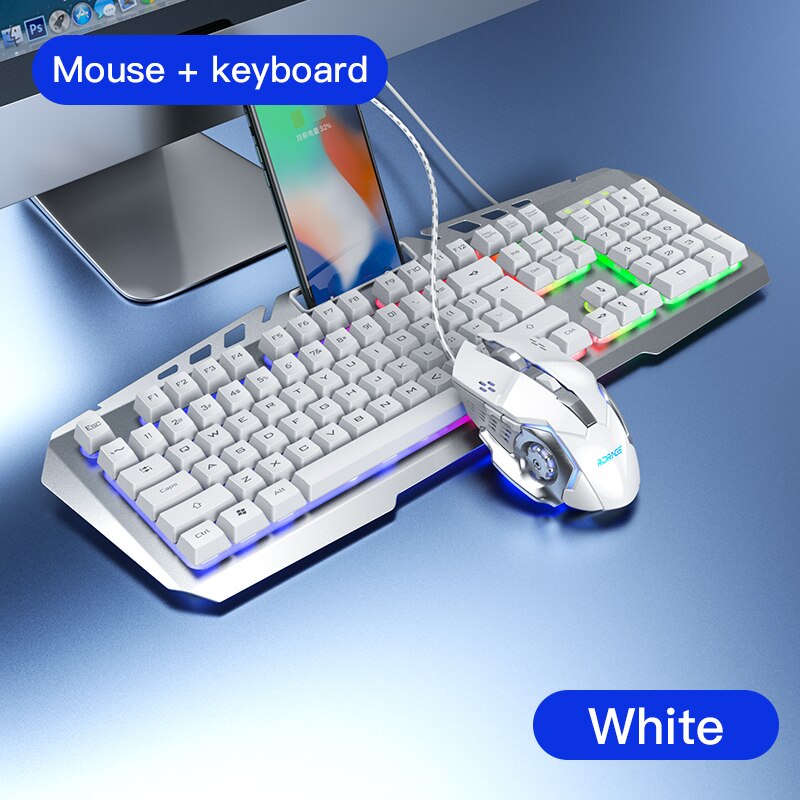 Wired Gaming Keyboard and Mouse Mechanical Feeling RGB 104 Keycaps Backlit Gamer Keyboards 3200DPI mice for PC Laptop Computer: White RGB Light