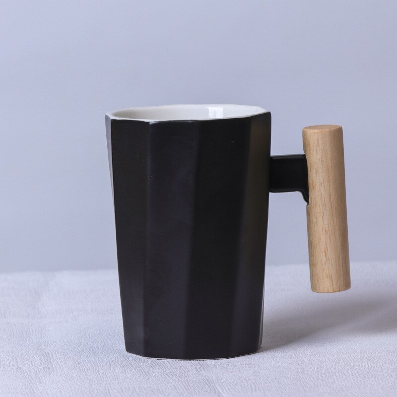 380ml Wood Handle Ceramic Coffee Mug Polygonal Office Home Milk Tea Cup For: Black