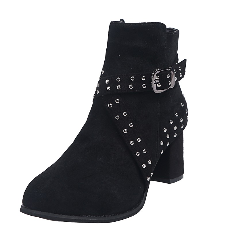 Winter Vrouwen Laarzen Enkel Cross Tie Klinknagel Kudde Gesp Puntschoen Zip Massief Rubberen Zool Mode Casual Schoenen Vrouwelijke Schoenen dames: Black / 6.5