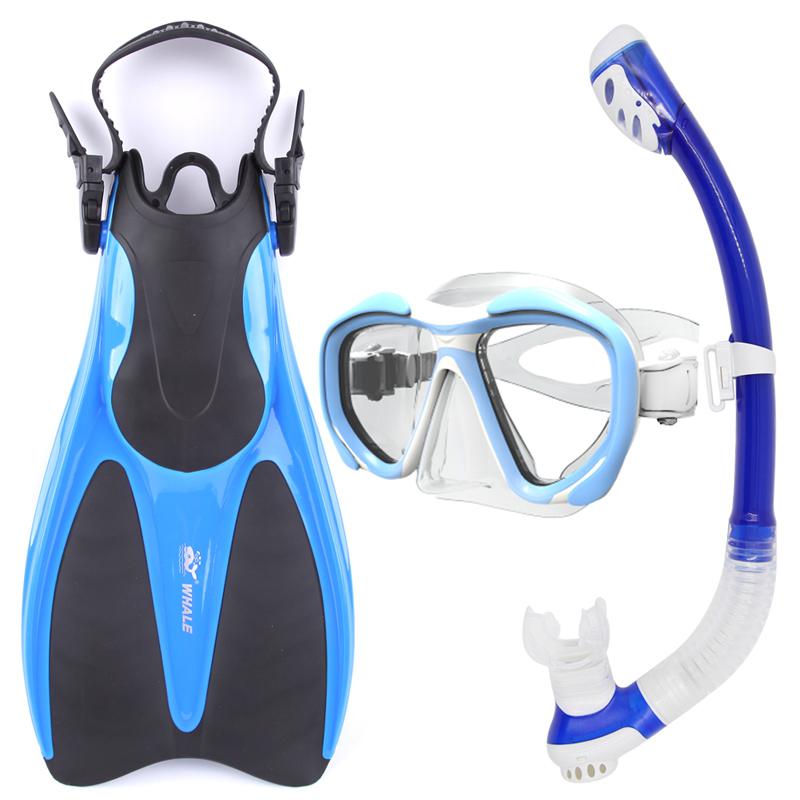 Équipement de plongée sous-marine avec baleine et tuba longue durée, Tube respirant, chaussures avec masque de plongée sous-marine, tuba, ensemble à nageoires: Blue ML-XL