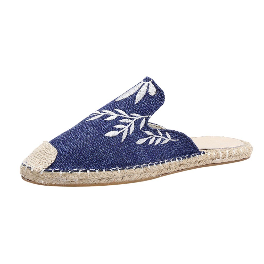 Sandales plates brodées pour femmes, chaussures décontractées à bout rond, pantoufles en paille brodées: dark blue / 6