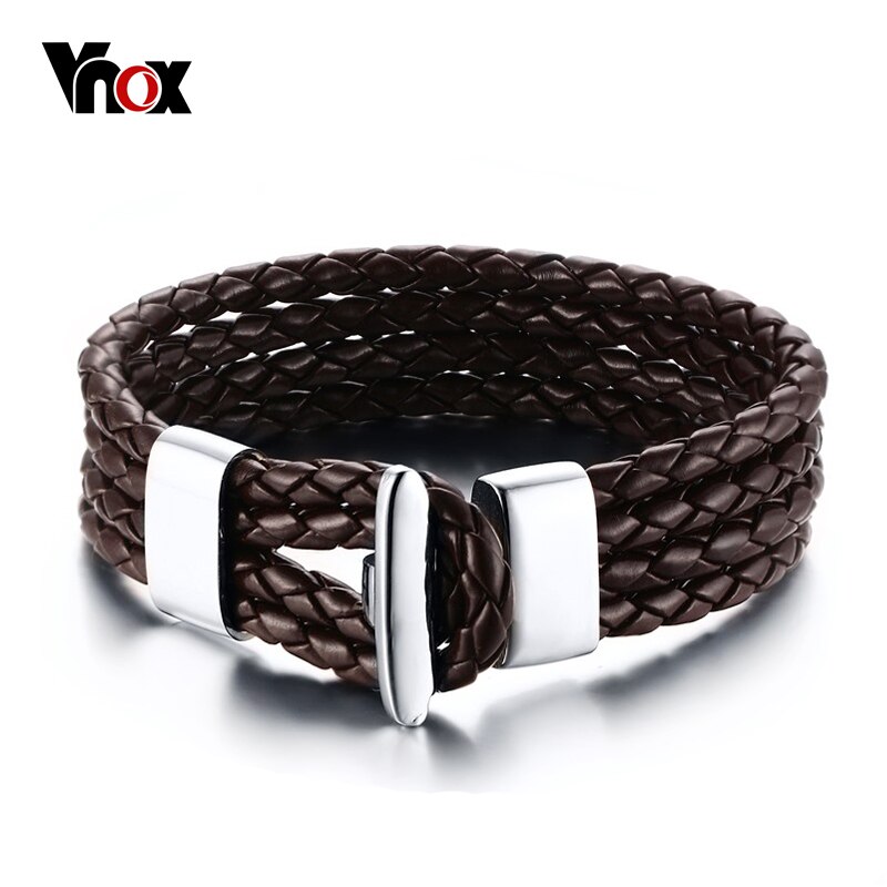 Vnox Handgemaakte 4 lagen Gevlochten Lederen Armband voor Mannen Bruin & Zwart 8 inch Mode-sieraden