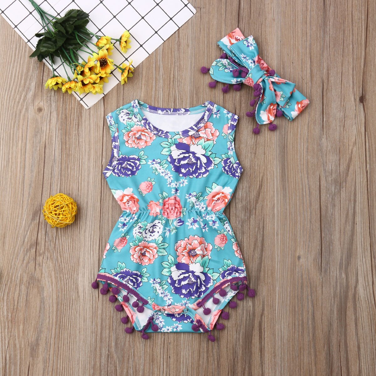 Baby Zomer Kleding Pasgeboren Baby Meisje Jongen Kwastje Bodysuits Hoofdband Ananas Outfit Mouwloze Bloemen 2Pc Jumpsuit