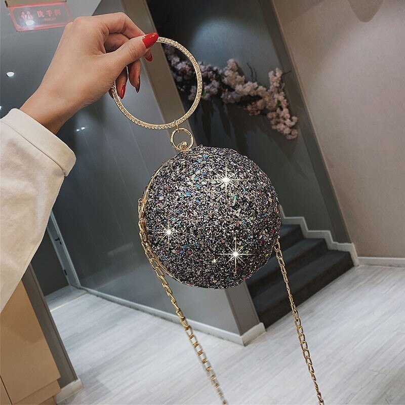 Runde Ketten Abend Taschen Griff Frauen Handtaschen Luxuey Pailletten Crossbdoy Tasche Dame Partei Geldbörsen Schild Clutchs