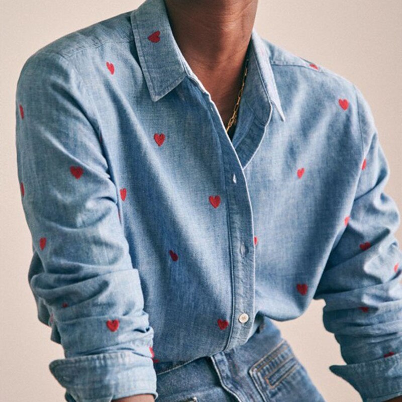 Chemisier brodé coeur rouge pour femmes, simple boutonnage, manches longues, frais, printemps