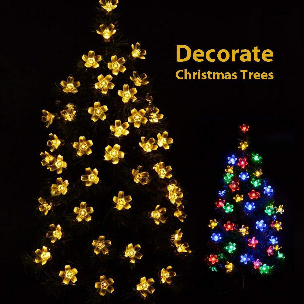 Solar String Lights 50 LED Peach Blossom Flower Christmas Lights Waterproof Fairy Lights Solar Powered for Patio Lawn Yard Xmas