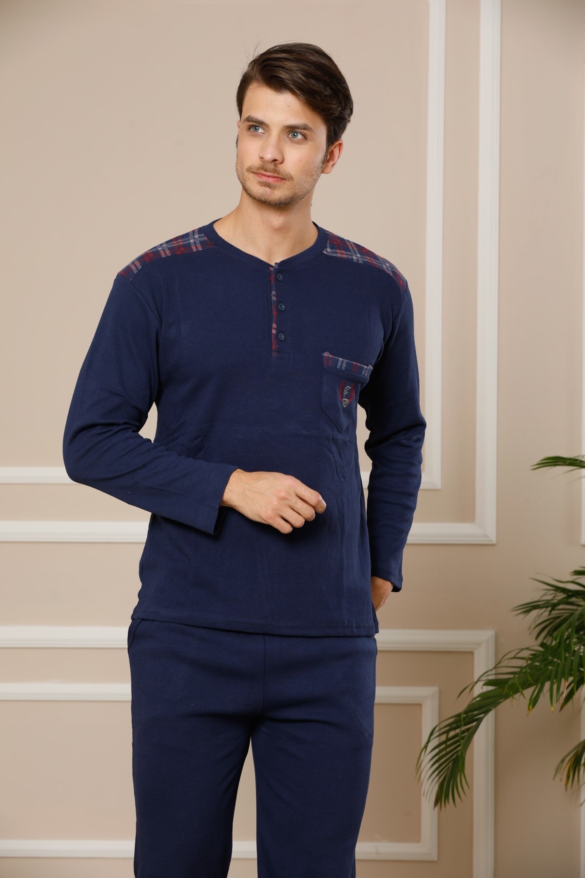 STRAWBERRY Women 'S Navy Blue Cotton Long Sleeve İnterlok Pajamas Suit: BLUE