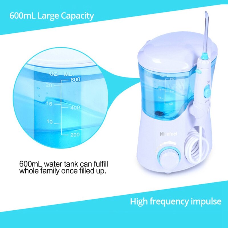 Nicefeel irrigator oral água flosser jato dentes mais limpo com 600ml tanque de água 7 dicas para cuidados com os dentes plugue da ue