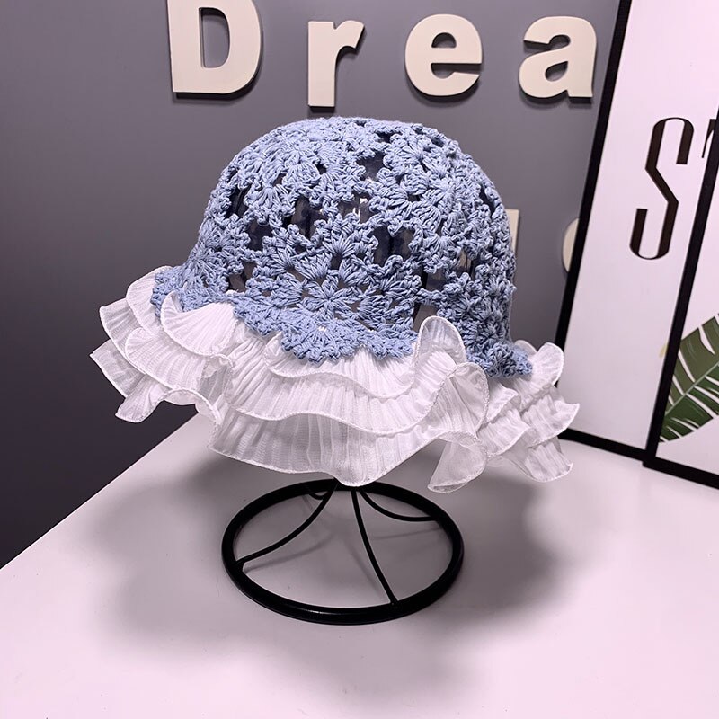 Women Lace Knitted Fisherman Hat Hollow Bucket Hat Crochet Hat Lace Flower Cute Sweet Romantic Sun Hat: blue