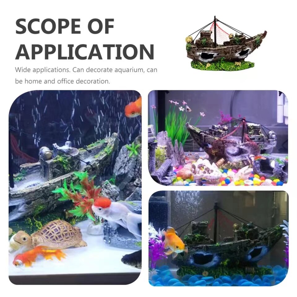 Aquarium Fish Tank Decorations Theme Set Plastic Plants Fish Cave Aquarium Ornaments Pirate Ship Fish Tank Accessories Décor
