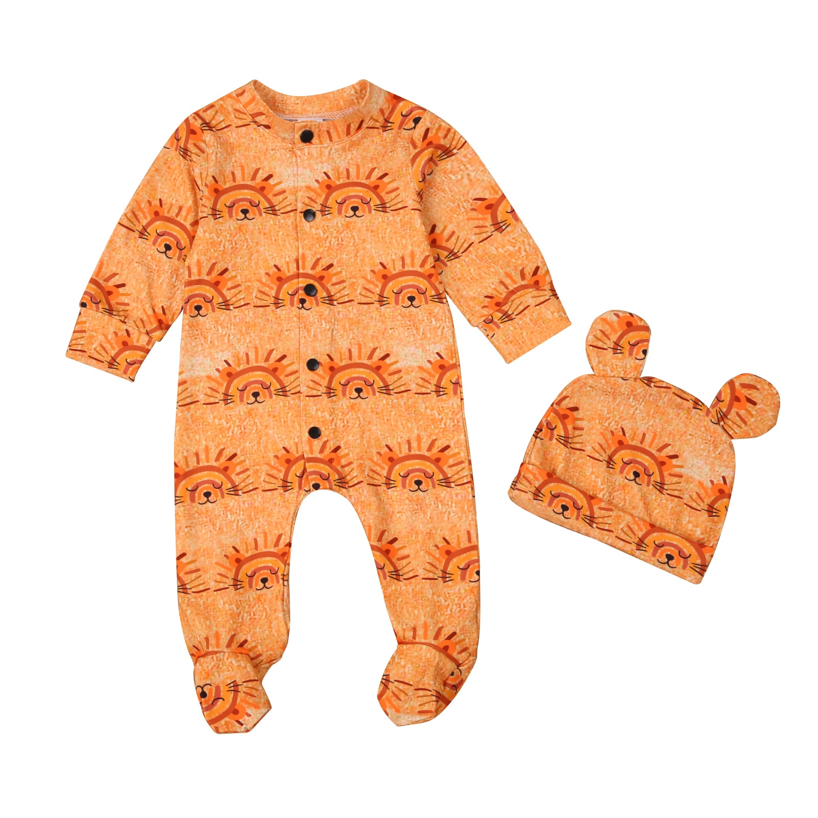 Conjunto de ropa de dos piezas para bebé, niña y niño, mono de cuello redondo con estampado de León naranja y estampado de arco iris + gorro de 0 a 12 meses