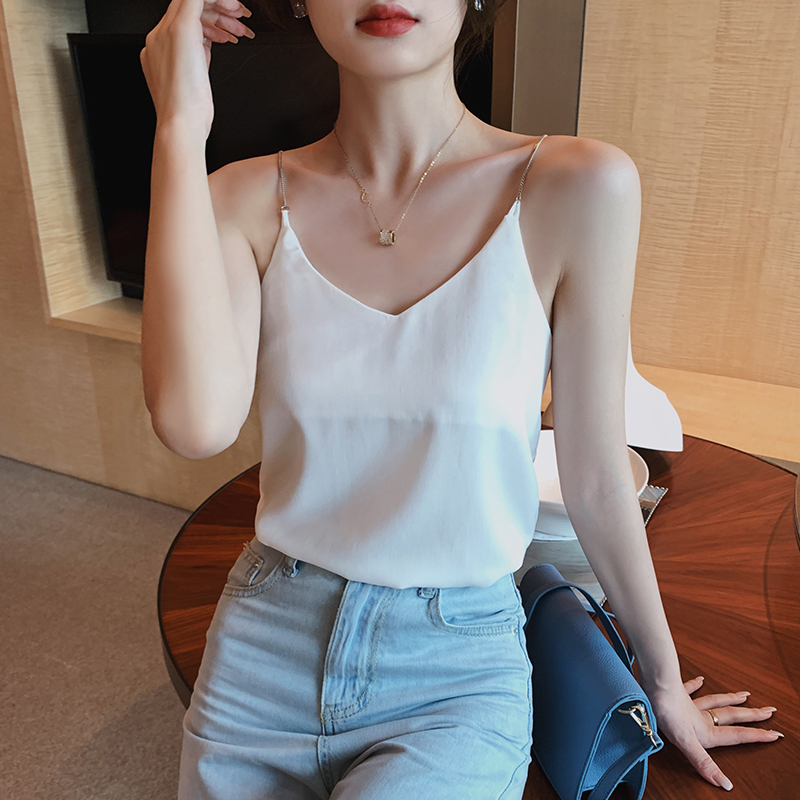 Camisetas sin mangas con tirantes finos y cuello en V para mujer, camisola sedosa de satén sin mangas con cadena de metal, blusa de para mujer: Blanco / XL
