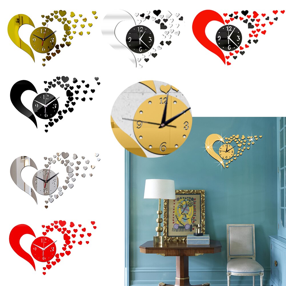 Diy væg kvarts ur 3d hjerteform væg ur akryl spejl klistermærke kunst tapet klæbende ur klistermærker stueindretning