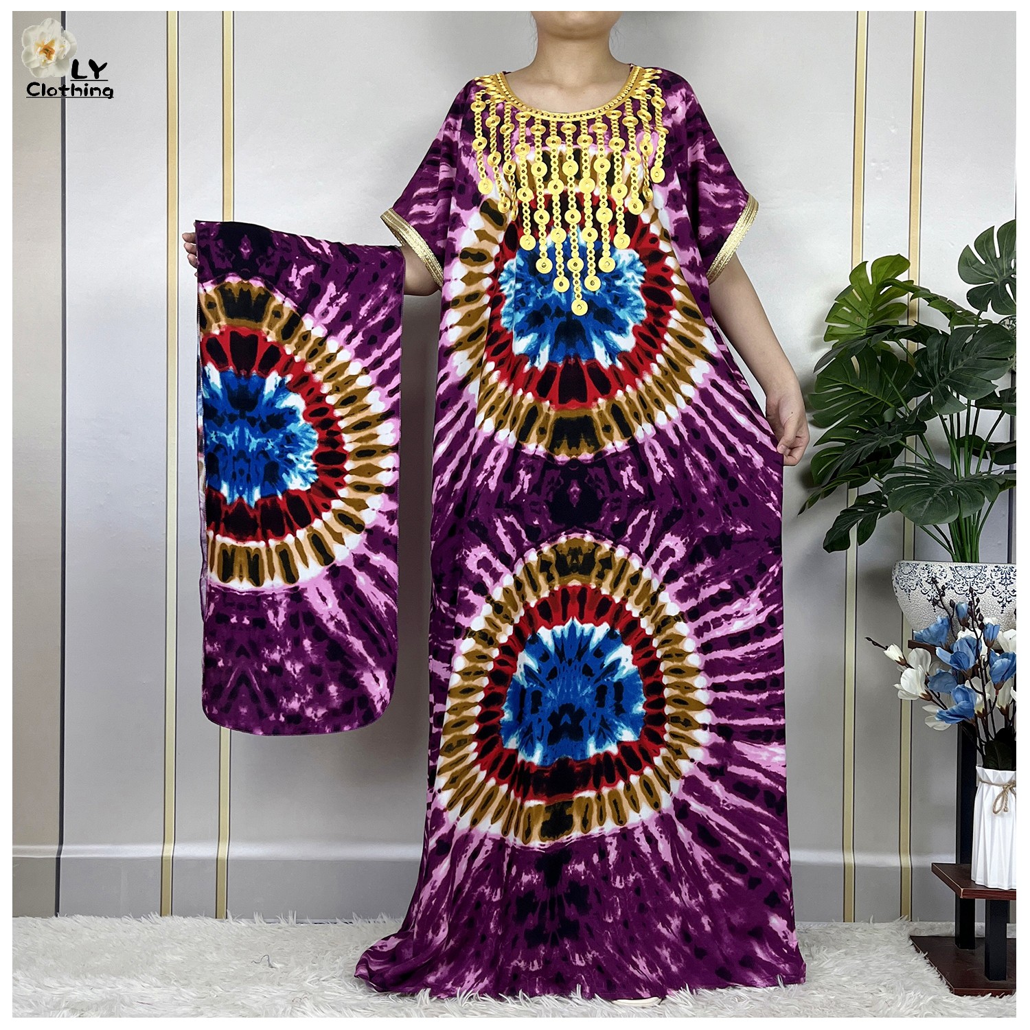 Vestidos maxi de algodão solto com lenço de cabeça para mulheres muçulmanas, vestidos casuais muçulmanos, manga curta, estampa floral, kaftan africano, islamismo, novo, verão