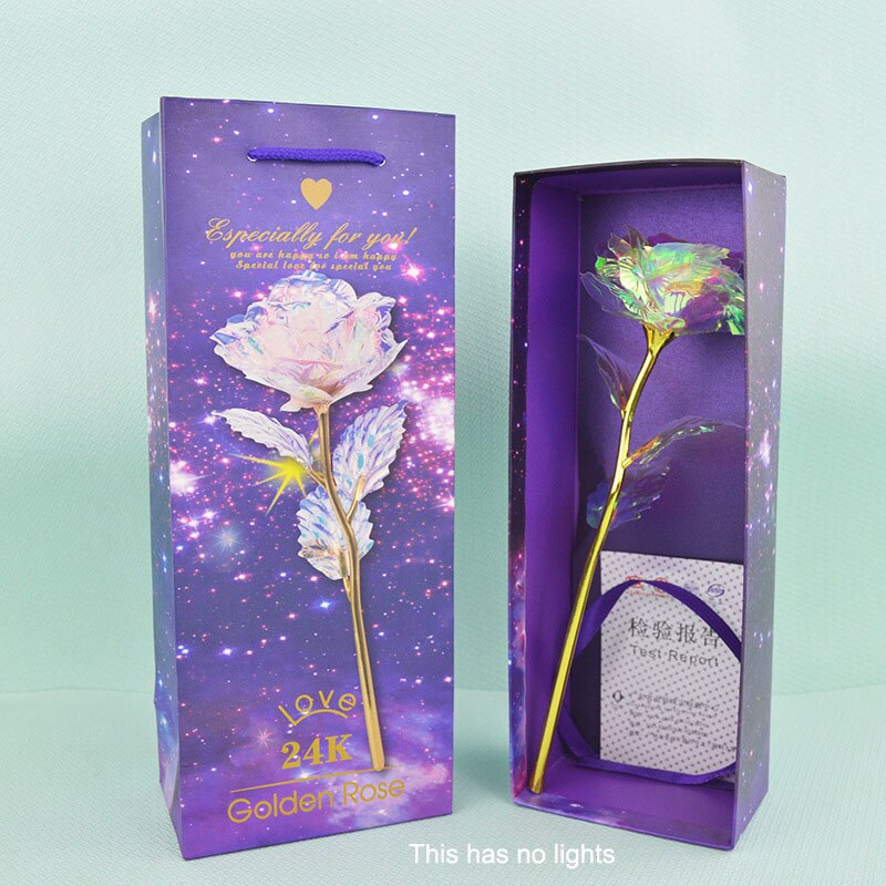 Glitterkleurige gouden rozendoos galaxy roos met liefdesbasis lichtgevende roos valentijn moederdag jubileum