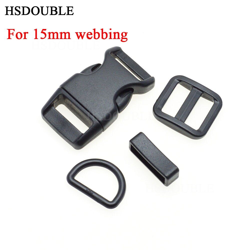 1 set 10mm 15mm 20mm 25mm 30mm 38mm Plastic Slider Adjustable D Rings Belt Loop Curved Side Release Buckles For Paracord: Webbing Size 15mm