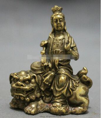 Chinese Bronze Boeddhistische RuYi Kwan-yin GuanYin Godin Buddah Rit Leeuw Standbeeld