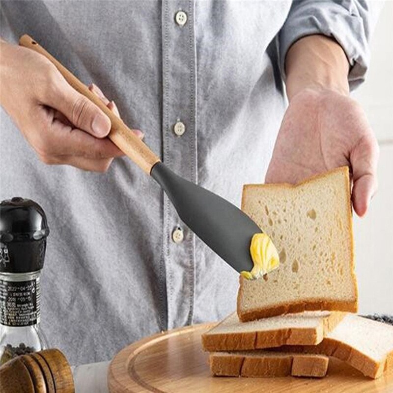 9Pcs Silicone Cooking Utensils Set Non-stick Spatula Shovel Wooden Handle Cooking Tools Set with Storage Box Kitchen Tools