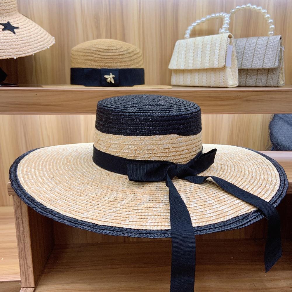 Sombrero de Sol de ala grande para dama, sombrero de paja de trigo de ala ancha, con lazo de cinta trenzada fina, color negro y beige, para playa, UPF50 +